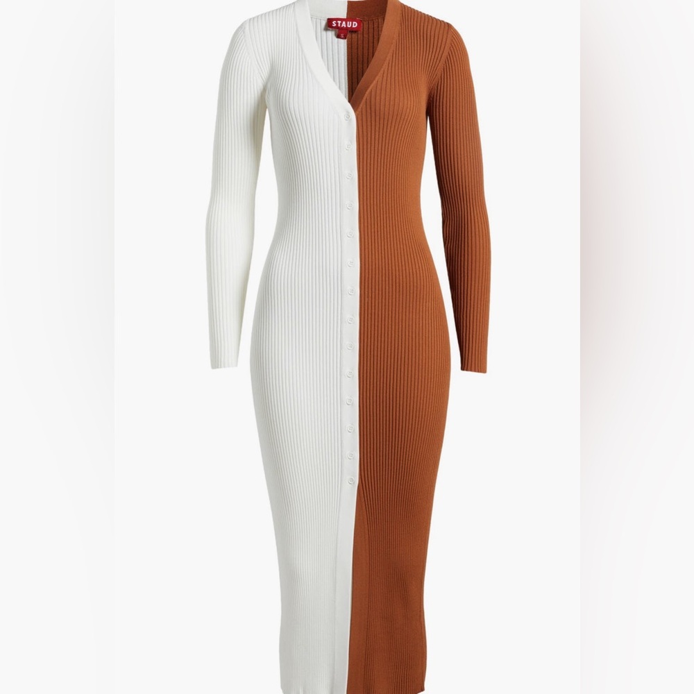 Staud Shoko Dress in Tan/White